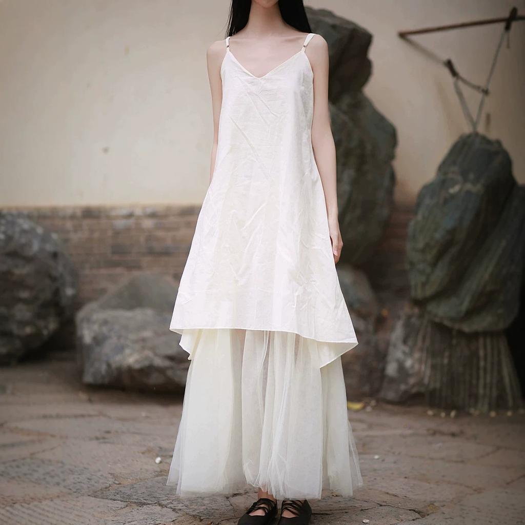 Summer Cotton Hem Yarn Pendulum Suspender Skirt Travel Dress Pure Cotton White Dress