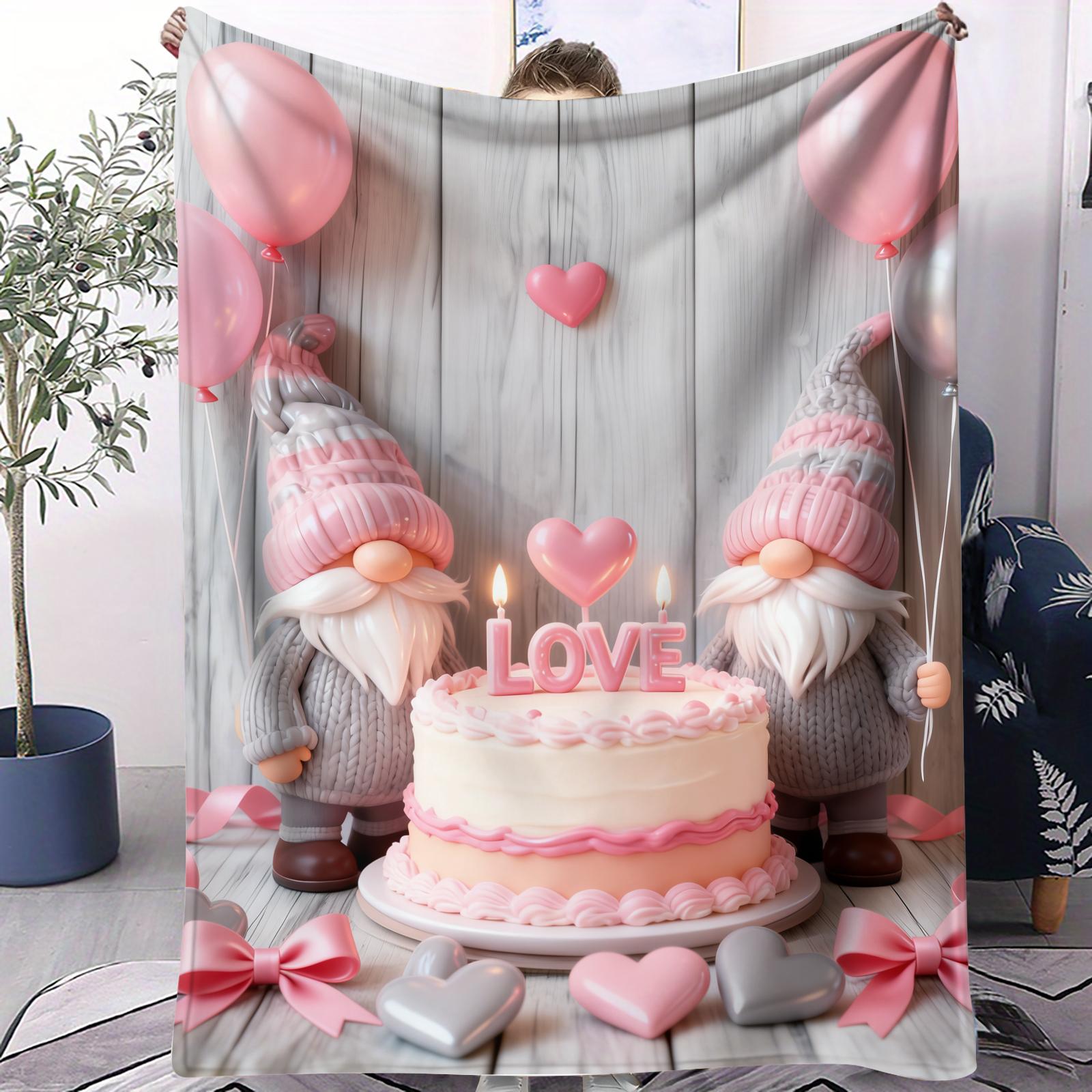 

Cute Gnome Couple Printed Flannel Blanket Heart Pattern Soft Warm Cozy Multifunctional Decorative Blanket Valentines Day Gift 75x100cm (30x40inch)
