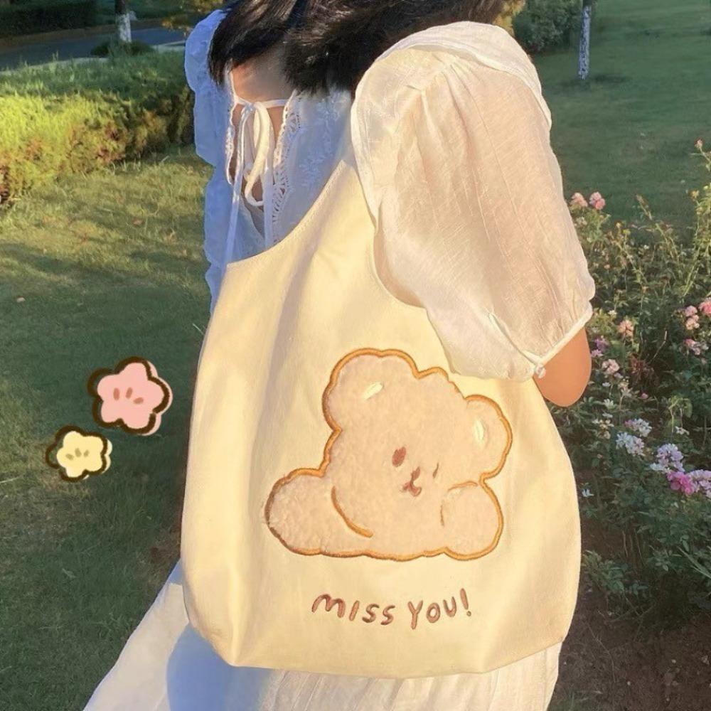 

Cute Embroidery Print Shoulder Bag Canvas Shopping Bag Large Capacity Women s Bag