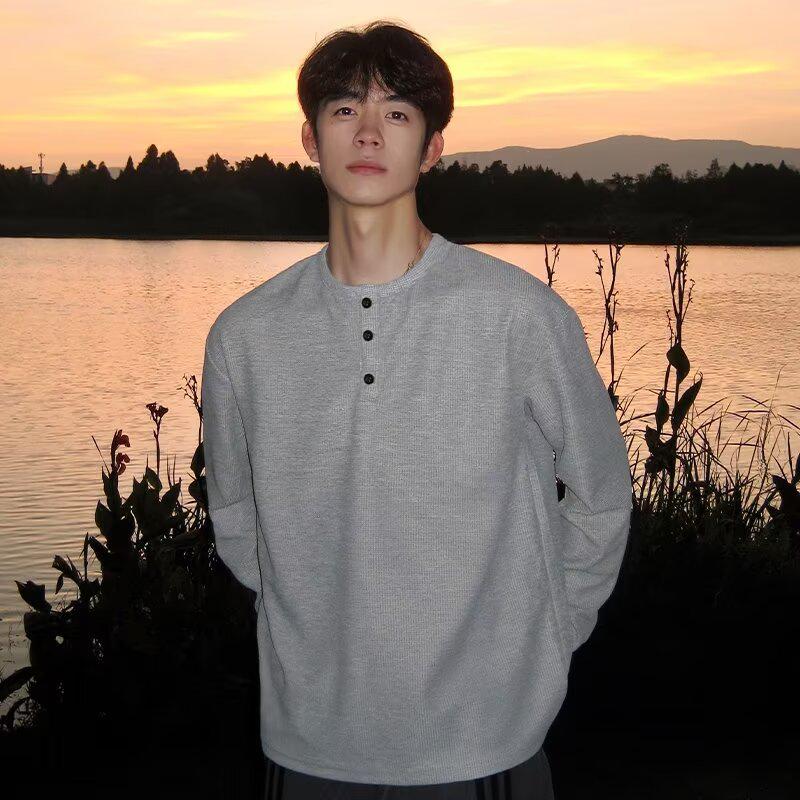 

Мужская футболка с длинным рукавом и вафельным переплетением, в стиле ретро, с круглым вырезом - Тяжелый пуловер для весны и осени M серый