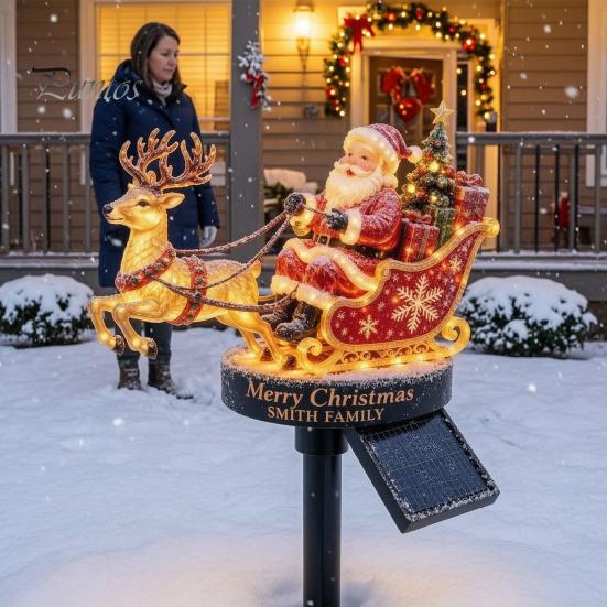 Decorative Lawn Stake for Christmas Santa And Reindeer Sleigh Solar Garden Light, Warm LED Pathway Claus Decorations Lamp, Powered Outdoor Waterproof