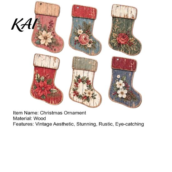 Wooden Christmas Tree Ornaments 6 Pcs Rustic Stocking Ornaments, 2D Flat Vintage Socks Hanging Decoration Distressed Texture Decor with Flower Pattern