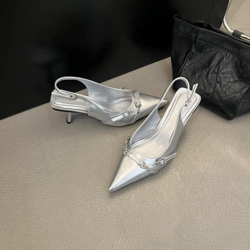Tacones de mujer, Zapatos de tacón alto con perlas para mujer, sandalias sexys con punta puntiaguda, a la moda, para banquete,