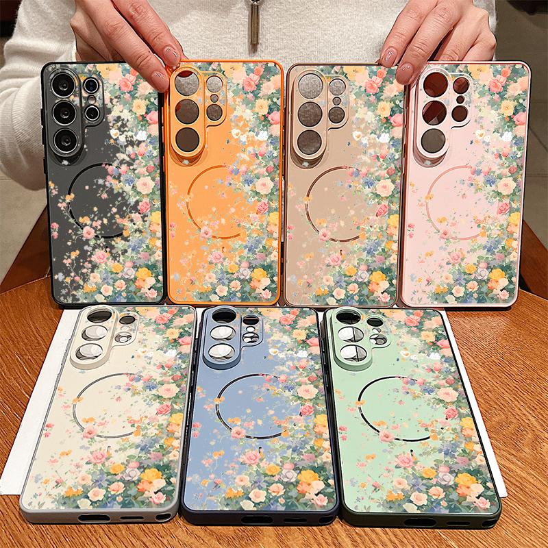 Magnetic For Magsafe Case For Samsung Galaxy S26 Ultra S25 Edge S24 Plus S23 FE S22 A54 A55 A56 5G Flower Garden Pattern Matte Cover