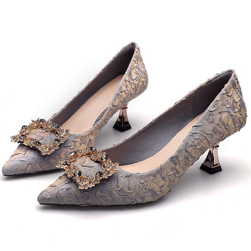 New high heels, thin heel, satin, light mouth, pointed rhinestone square buckle temperament, black small heel single shoes.