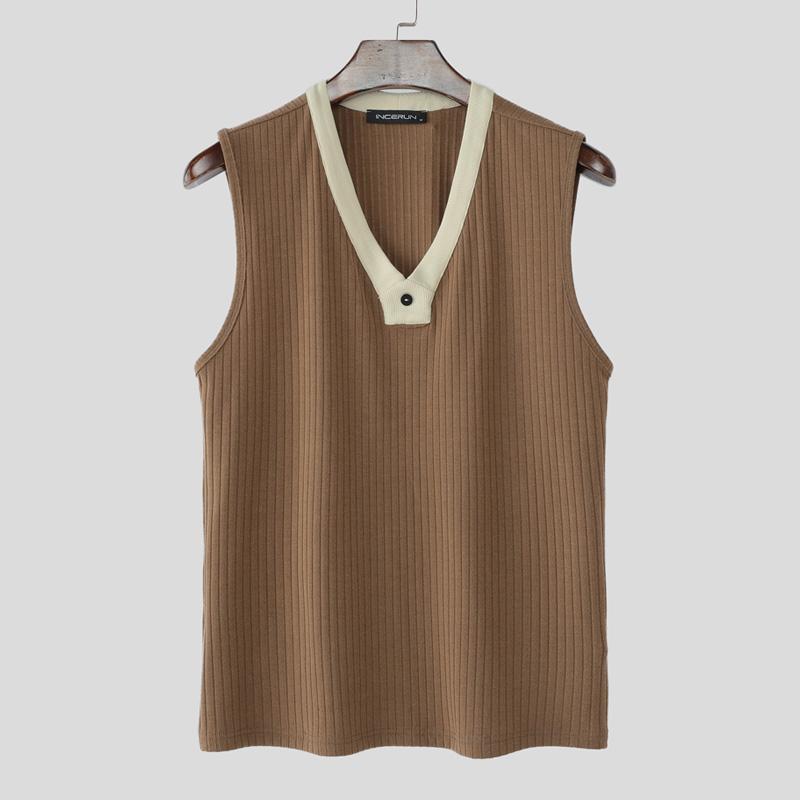 INCERUN Men V Neck Sleeveless Patchwork Rib Casual Tank Tops Undershirts