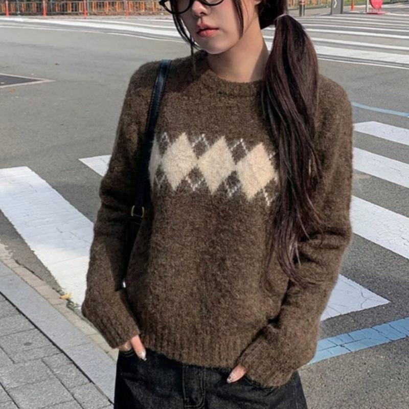 Women's Fair Isle Argyle Crew Neck Pullover Sweater - Autumn/Winter Casual Slim Fit Knit Top