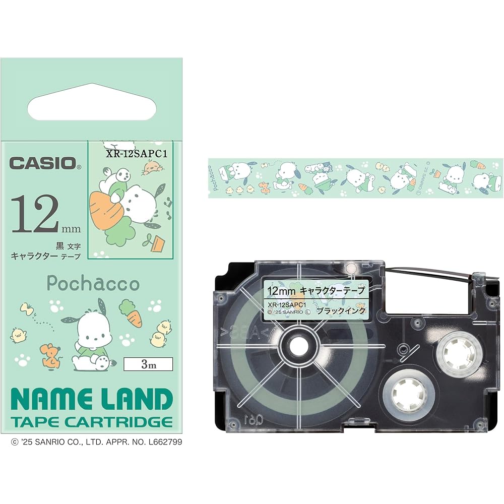 Картридж для принтера этикеток Casio NameLand, лента с персонажем Sanrio, ширина 12 мм, длина 3,0 м, XR-12SAPC1, Почакко