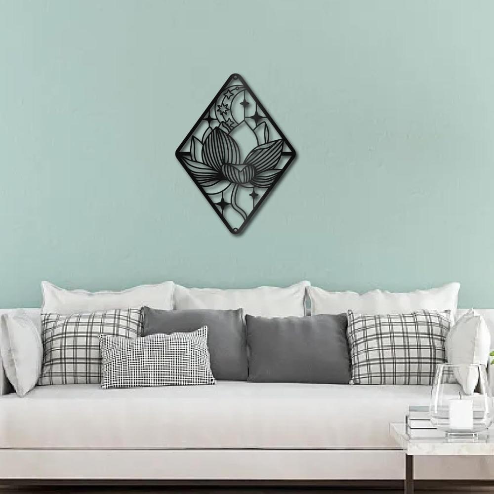 Schwarze Metall Lotus Wandkunst Hohlblumen Skulptur Mond Mandala Schild Hängende Dekoration Für Meditation Schlafzimmer Garten Hotel 11,8x8,8 Zoll