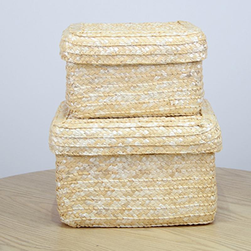 Woven Straw Storage Baskets with Lid Rattan Snack Container Multipurpose Bins Laundry Toys Organizer Household Folding Straw Box