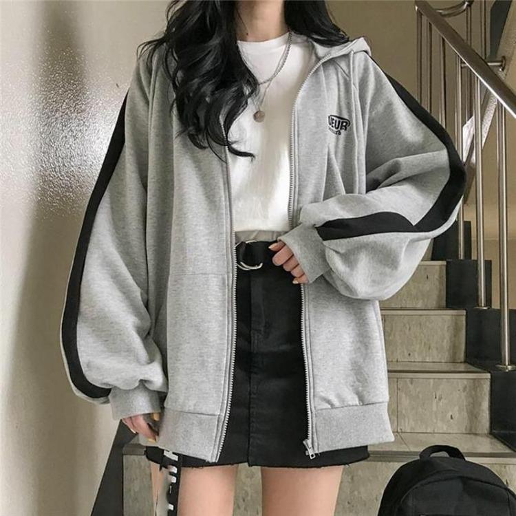 Oversized Women Hoodie Zip Up Hooded Sweatshirt Long Sleeve Pocket Jacket Top Solid Color