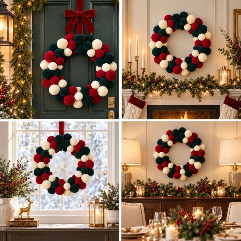 Mixed-Size Flocking Ball Christmas Wreath with a Soft-Finish Look, Rounded Holiday Decoration for Balconies, Entryways and Party Backdrops