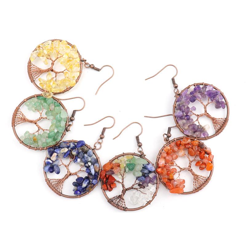 Handmade Vintage Wire-Wrapped Natural Stone Crystal Tree of Life Earrings E19