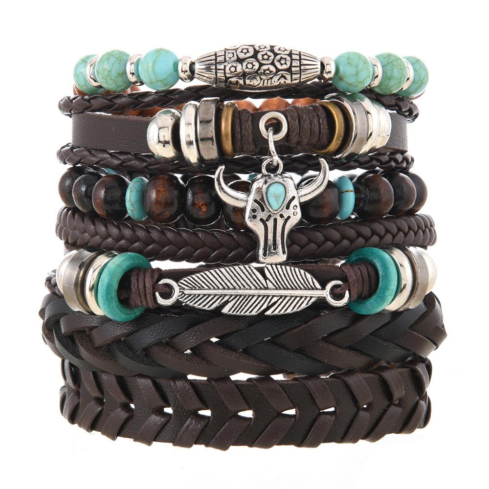 Men s Multi-Layer Leather Bracelet Set with Beaded Accents Bull Skull Charm Feather Pendant Adjustable Closure Handmade One size коричневый