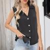 Women Summer New Style Solid Color V Neck Loose Chiffon Shirt Sleeveless Button Down Vest Blouse
