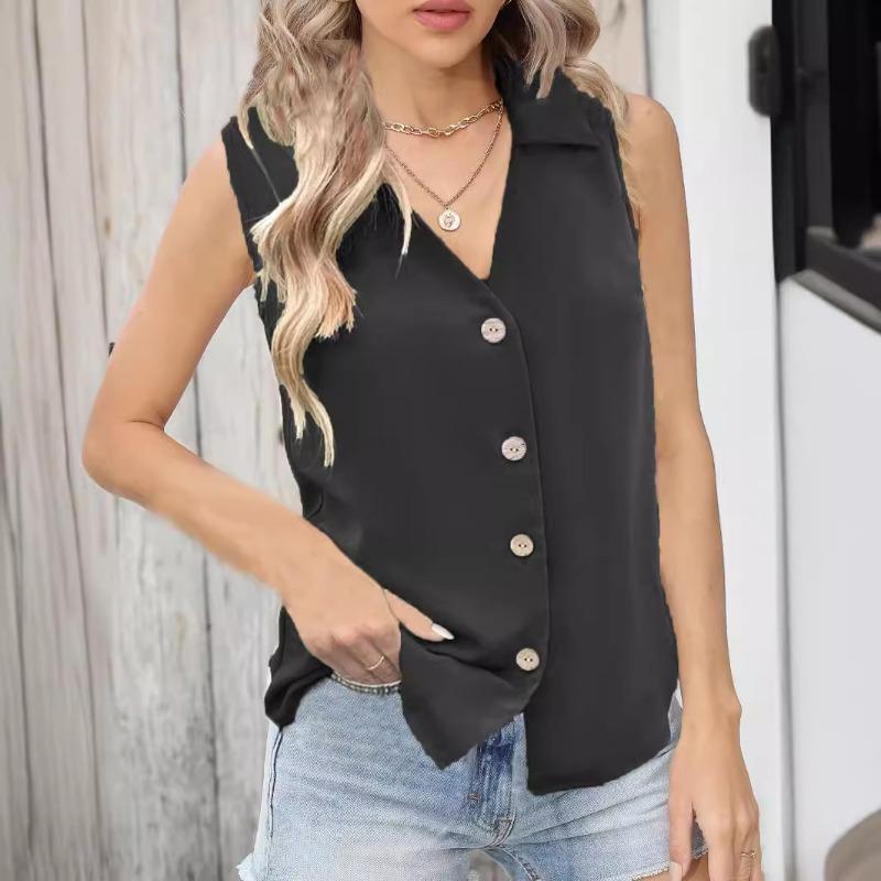 Women Summer New Style Solid Color V Neck Loose Chiffon Shirt Sleeveless Button Down Vest Blouse