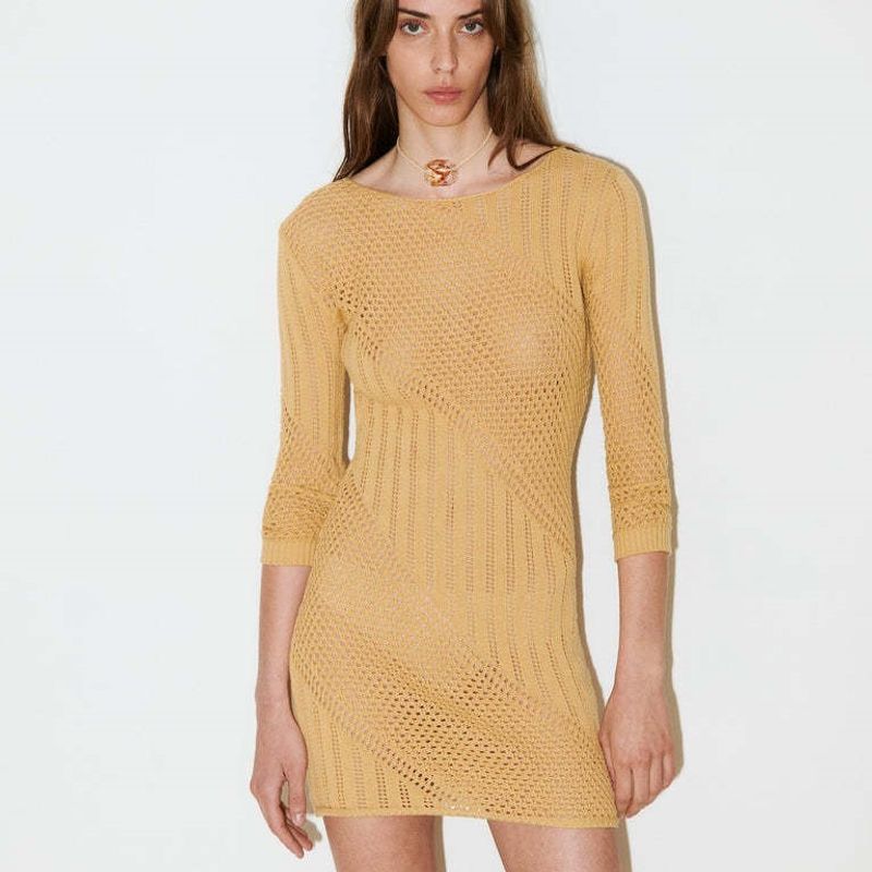 

Elegant Women s Clothing Stylish New Arrival Temperament Crew Neck 3/4 Sleeve Knitting Backless Slim Fit Sexy Sheath Dress Yellow S