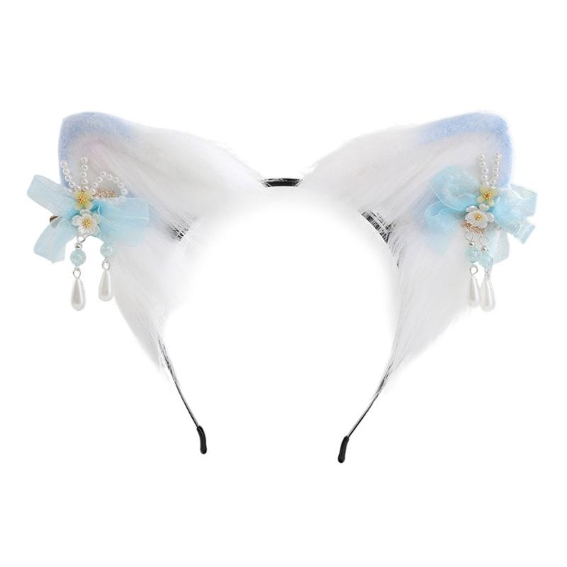 Bandeau Oreilles de Chat Dessin Animé avec Épingle à Cheveux Fleurie Support de Cheveux Accessoire de Tête Cosplay Fête