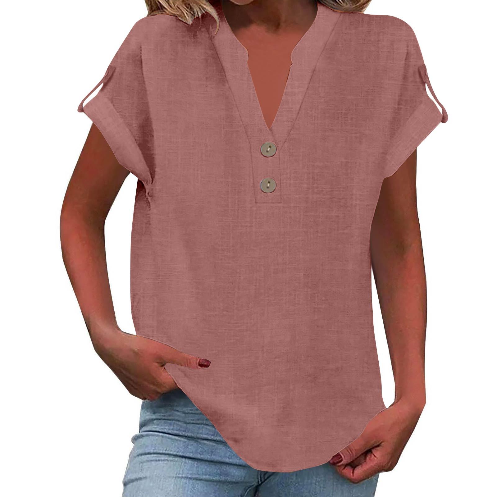 

Женская модная повседневная однотонная рубашка с v-образным вырезом и коротким рукавом на пуговицах, футболка, топ L розовый
