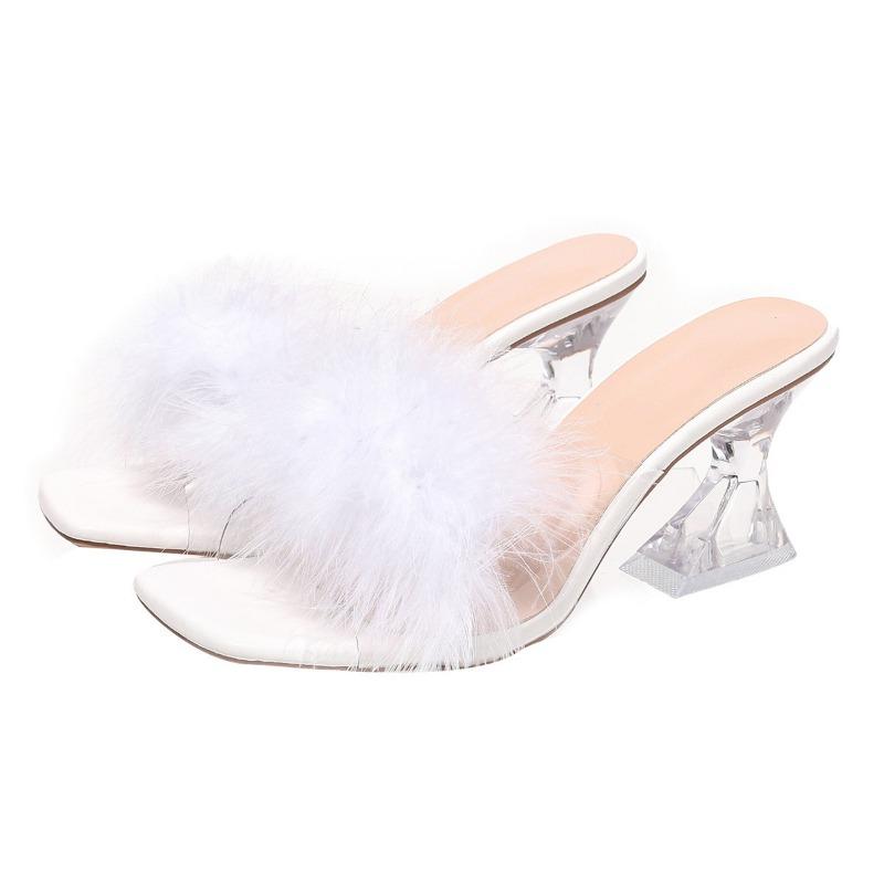 New Simple High-heeled Women's Cool Slippers, Fashionable One-word Thick-heeled Crystal and Cool Slippers, Sandals.
