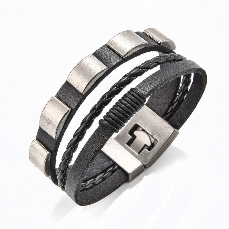 Mens Punk Leather Bracelet With Rivet Buckle Geometric Design Adjustable Cuff Biker Style Jewelry