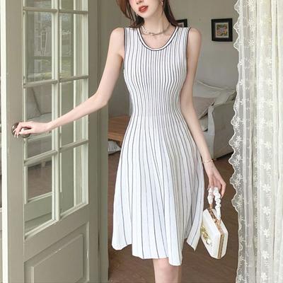 French Style Striped Midi Dress Female Clothing Sleeveless Summer Gentle A-Line Waist Basic Round Neck Elegant Knitted Dresses