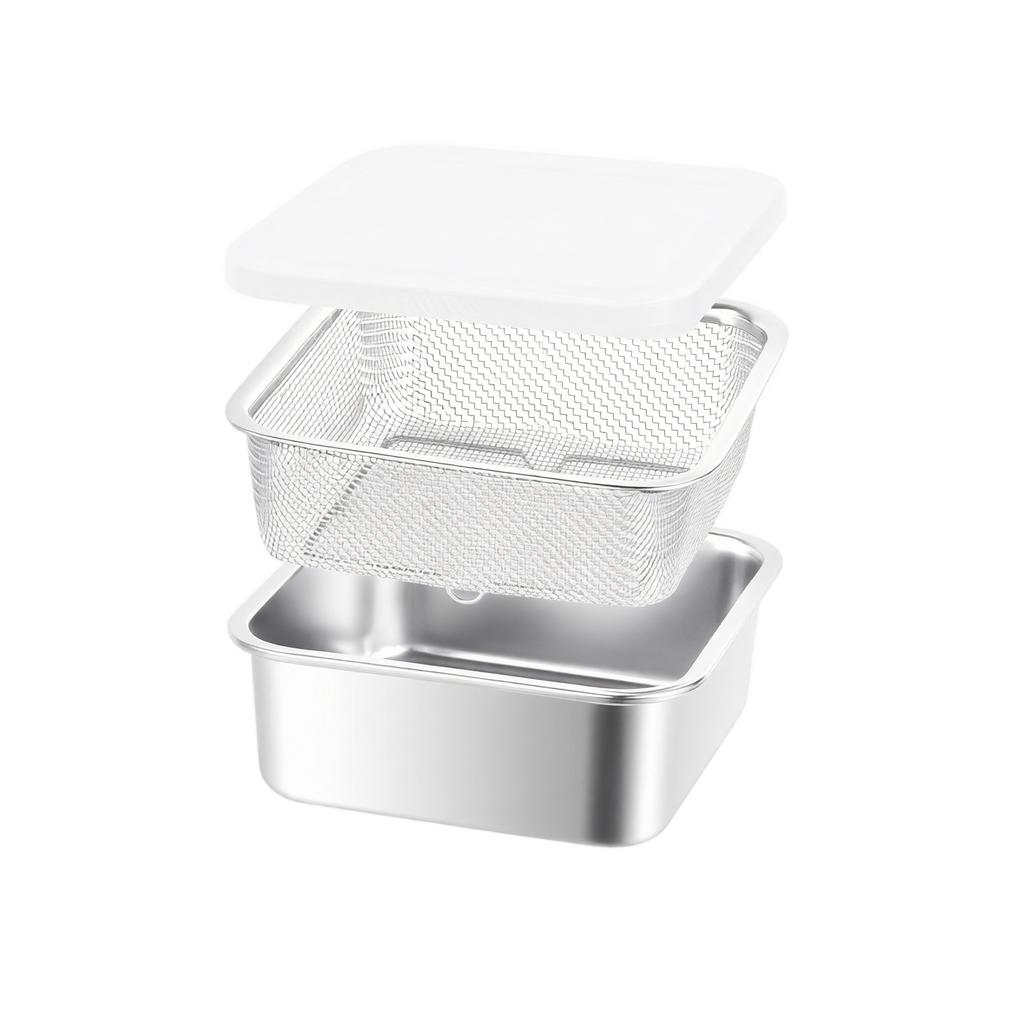Contenitore Alimentare in Acciaio Inossidabile 304 con Cestello Scolatore - Drenaggio Cucina e Frigorifero