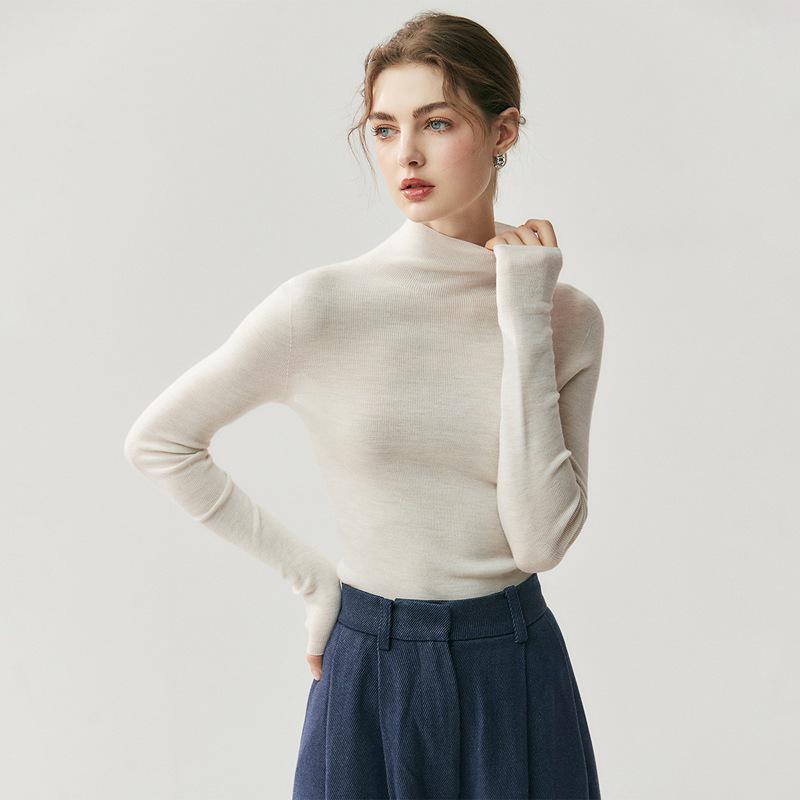 Women's High Neck Slim Fit Ribbed Knit Top - Imitation Wool, Figure-Flattering, Versatile, Classic
