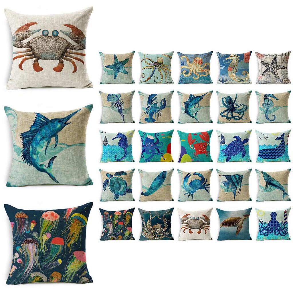 Exquisite 18" Blue Sea Animal Cotton Linen Cushion Cover For Stylish Living Spaces