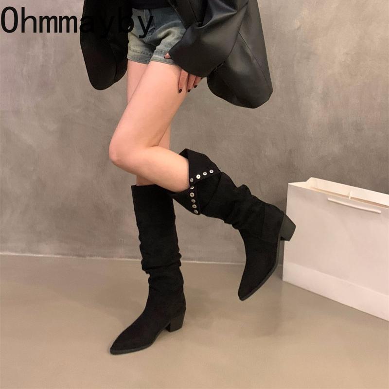 Fashion Thick Heel Pleated Women Knee High Boots Sexy Pointed Toe Stripper Party Shoes Slip On Modern Long Botas Para Mujer