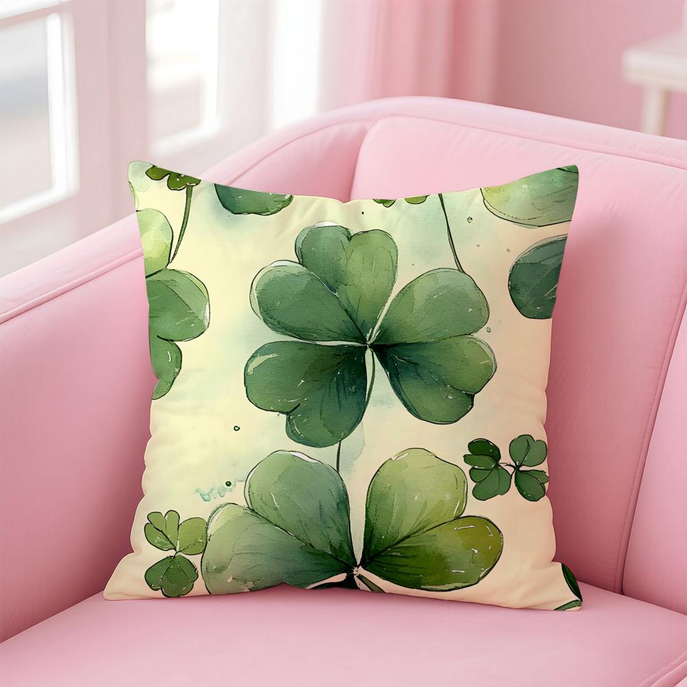 Lucky Four Leaf Clover Fresh Green Cushion Cover Pillowcase Short Plush Invisible zipper Room Sofa Cushion Cover