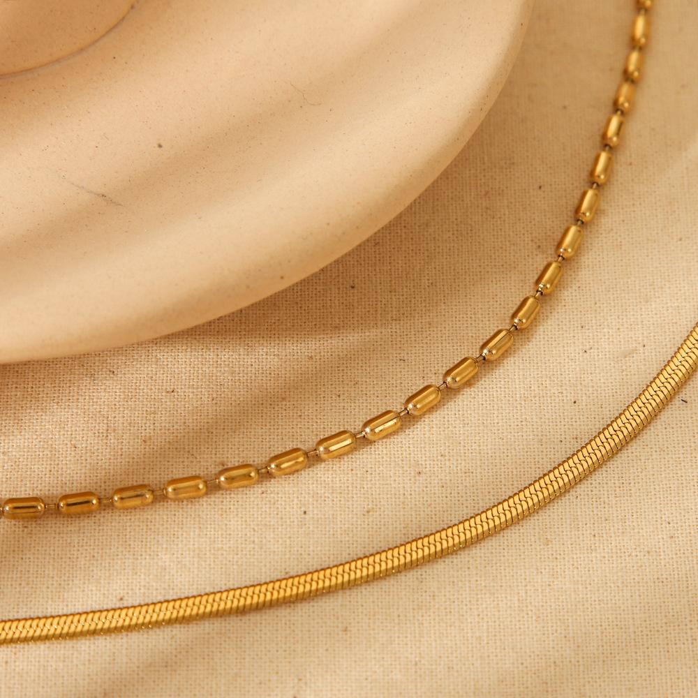 European and American Simple Stacked Double-layer Rice Bead Flat Snake Chain Necklace Electroplated 18K Gold Stainless Steel Versatile Jewelry Women