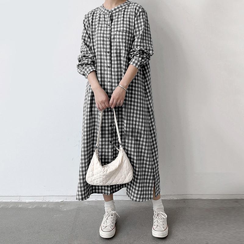 ZANZEA Women Casual Round Neck Long Sleeve Loose Plaid Print Long Dress