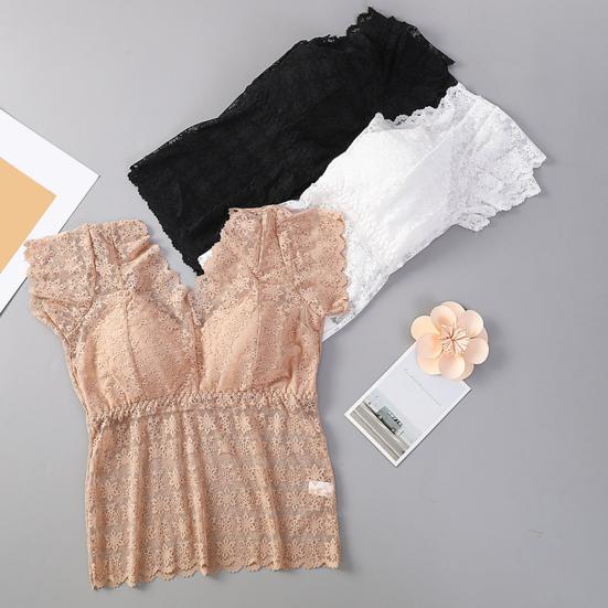 Women Lace Top Mesh Sheer Short Sleeve V Neck Undershirt with Padded Bra Floral