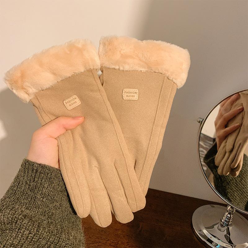 Suede gloves winter women's fleece thickened