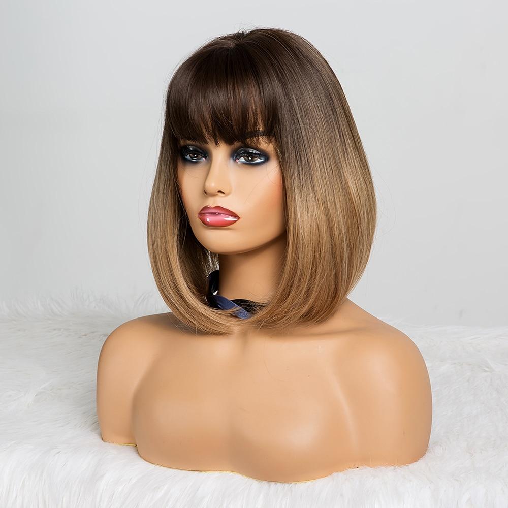 ALAN EATON Short Straight Ombre Brown To Blonde Synthetic Wigs with Bangs for Women Bob Wig Heat Resistant Lolita Cosplay