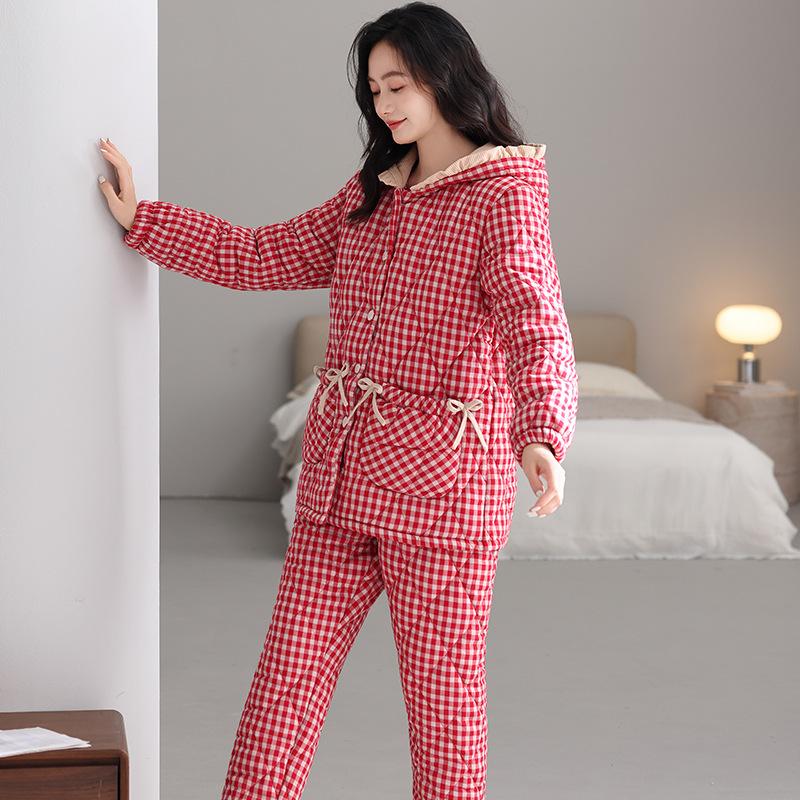 Pajamas Women'S Winter Three-Layer Thickened Velvet Woven Pure Cotton Padded Cotton Hooded Warm Can Be Worn Outside Loungewear Set