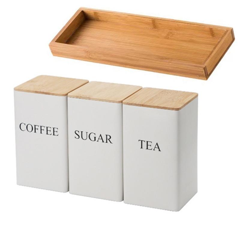 Multifunctional Coffee Teas Sugar Container with Bamboo Lid Household Food Storage Organizer Multifunctional Canister белый
