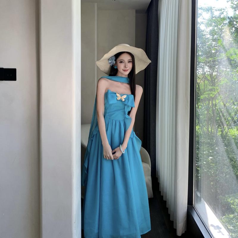Metal Three-dimensional Bow Tube Top Neck Skirt Atmosphere Blue Irregular Ruffle Edge Vacation Photo Beach Skirt