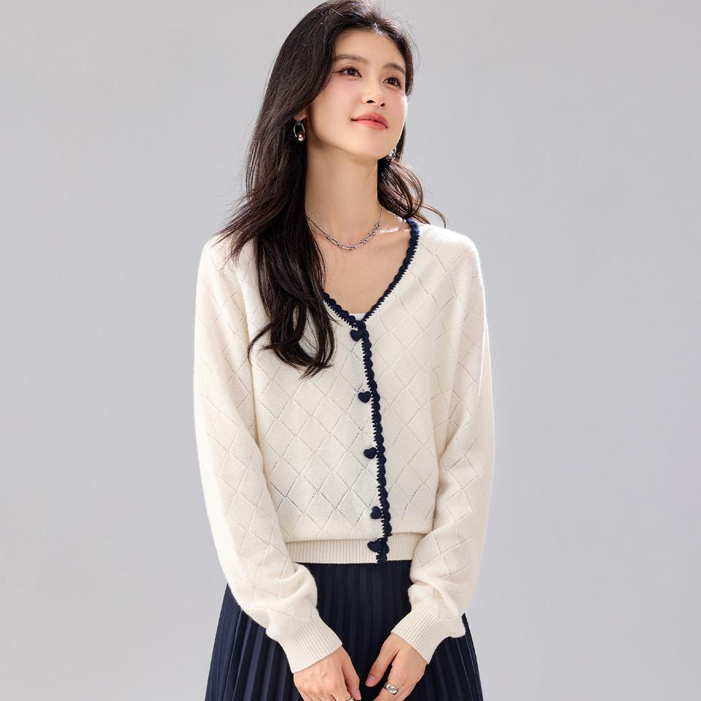 [100% Sheepskin] Autumn and Winter New Color Contrast Lace V-neck Sweet Wind Women's Woolen Sweater