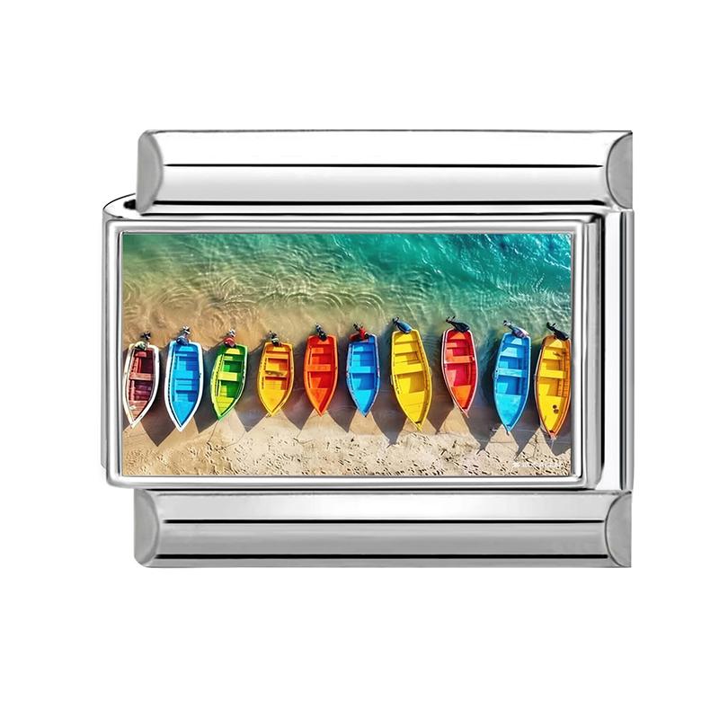 Y2K Spring Summer Scenery Series Beach Forest Lake Italian Charm Links 9mm Bracelets Bangle Stainless Steel DIY Making Jewelry
