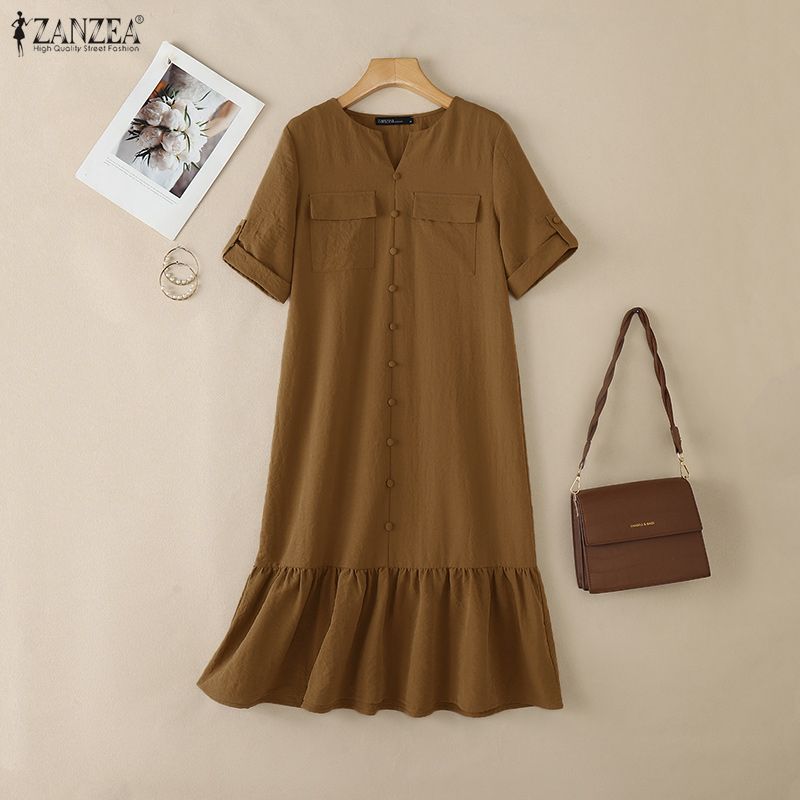 ZANZEA Women Casual Round Neck Loose Ruffles Hem Solid Color Half Sleeve Dress