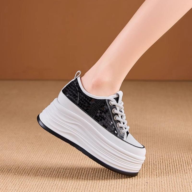 Little white shoes women's 2025 spring new sequined mesh breathable casual shoes versatile thick sole inner height increase 10CM women's shoes