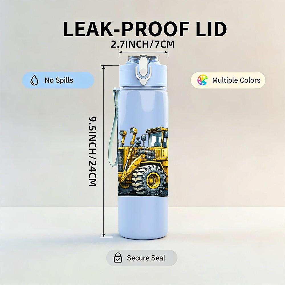 1PC Yellow Construction Excavator Print 750ml Color Plastic Sports Water Bottle Leakproof Flip Straw Lid Suitable for Sports Office Home Use