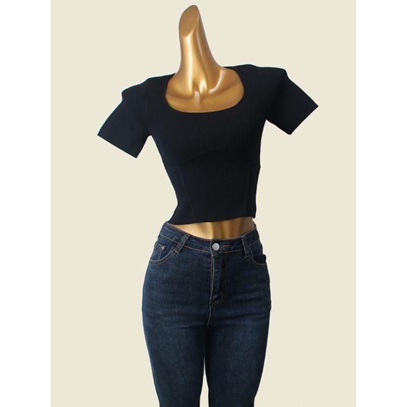American Style Short Square Collar Sexy Knitwear Foreign Trade Original Order High Elastic Silm Slim Looking Midriff-Baring Short Sleeve T-shirt