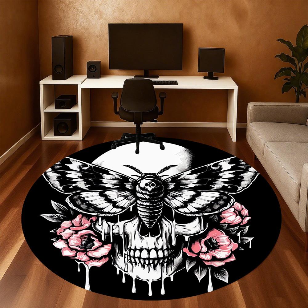1pc Butterfly Skull Round Chair Mat Office Area Rug - Non-Slip, Floor Mat for Office, Bedroom, and Indoor Decor P127202