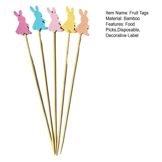 100PCS Bamboo Fruit Tags, Cute Cute Easter Bunny Decor, Multi-Color Disposable Skewers for Fruits Barbecue Cakes Cocktails