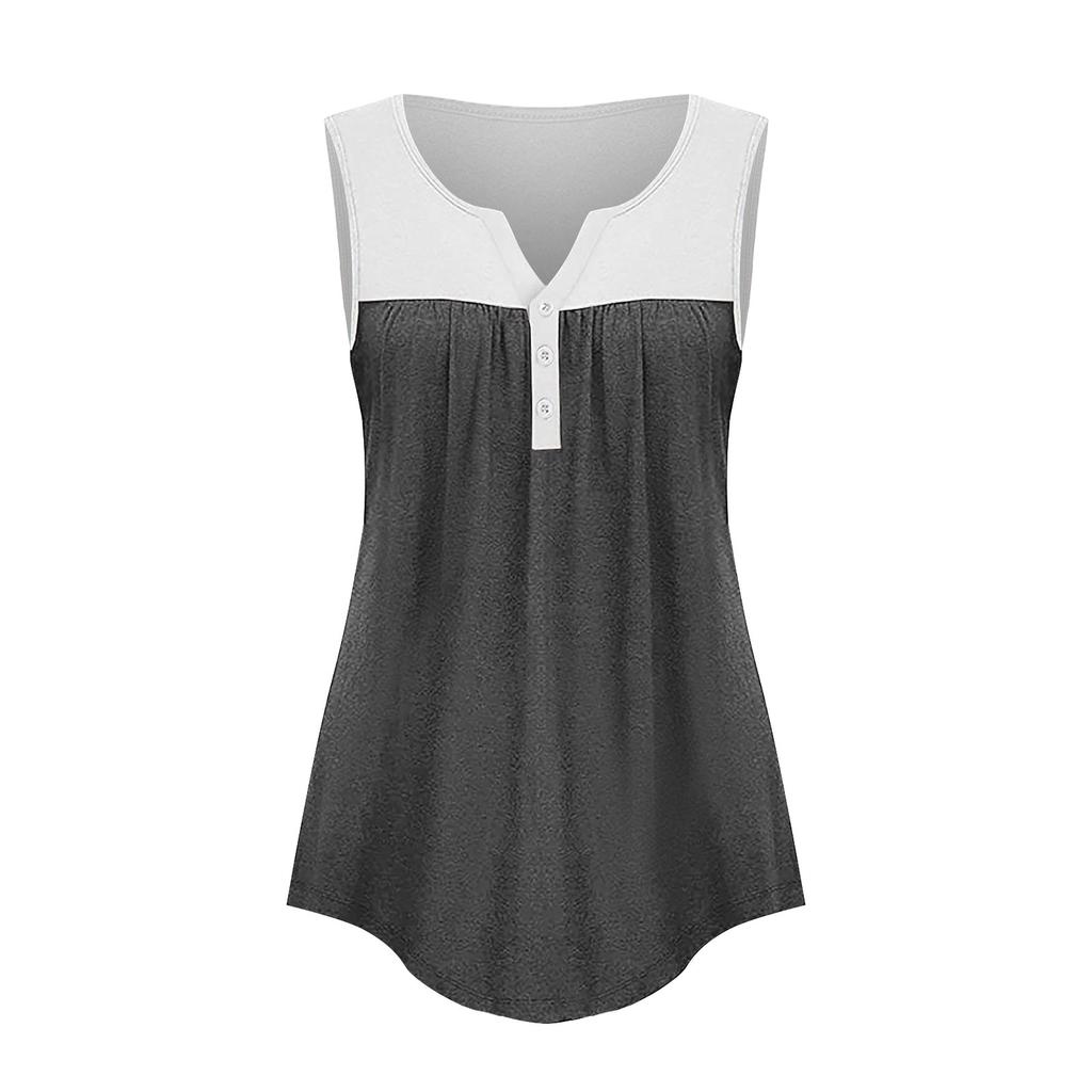 Fashion Womens Summer V-neck Sleeveless Patchwork Tops Ruffle Loose Tunic Blouse