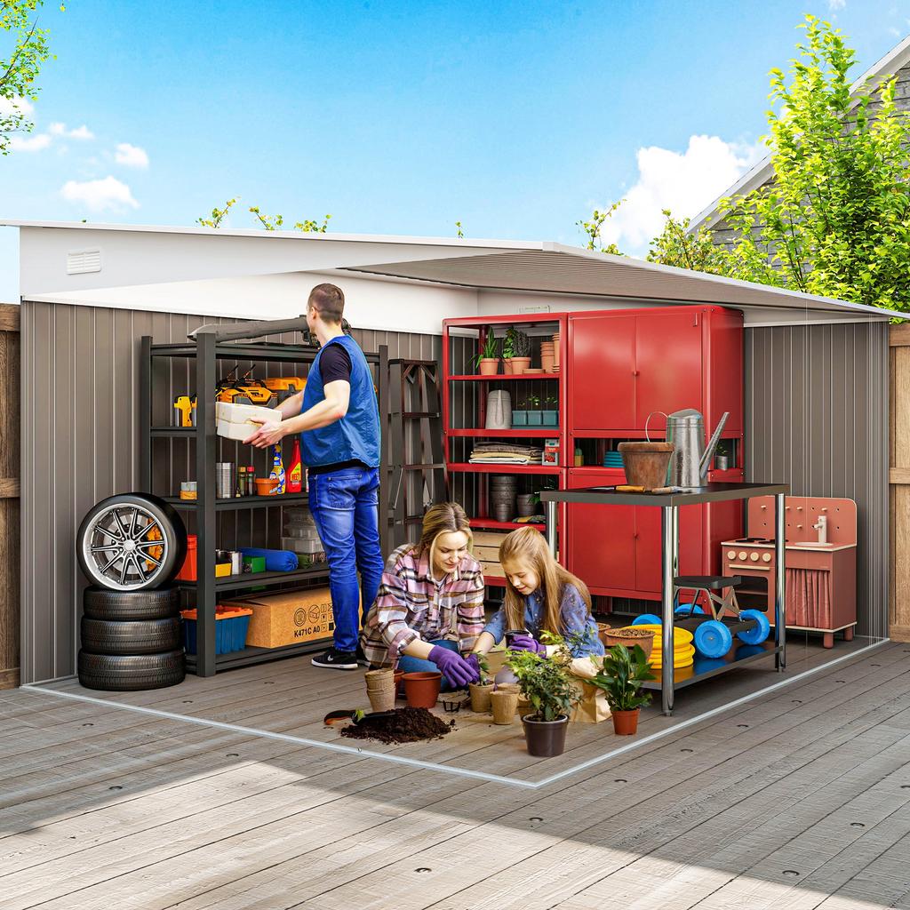 Metal Garden Shed Sloped Roof Lockable Double Door 2.8 x 3.45 x 2.01m Grey