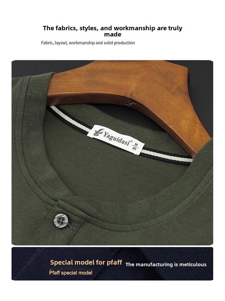 Dad's Monk Collar Short-Sleeve Cotton T-Shirt with Pockets - Loose Fit for Middle-Aged Men, Perfect for Summer